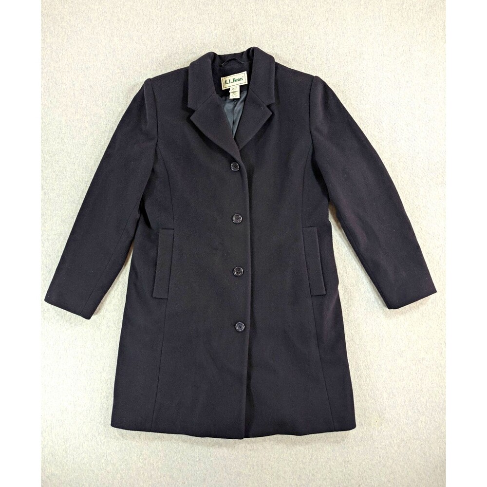 L.L.Bean Women's Black Wool Button Front Lined Long Overcoat Coat Size 12